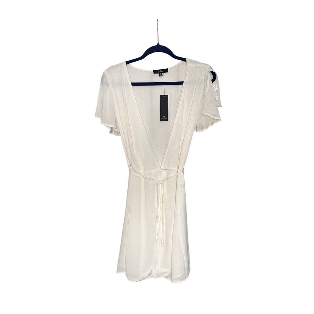 Lulus White Textured Rayon Wrap Mini Dress Flutter Sleeve Size M NEW